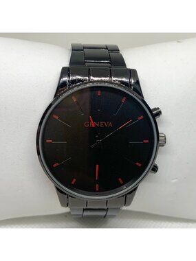 Geneva men’s watch black tone 41mm round case quartz analog size 7.5”running